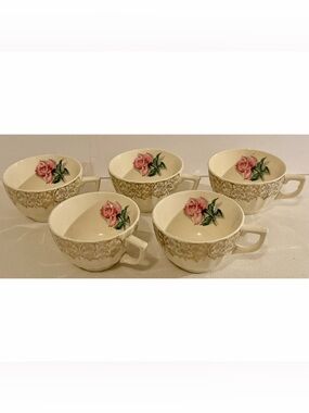 Vintage American Limoges Le Fleur Rouge Elegant Cups Set 5 Pink Rose 22K Gold
